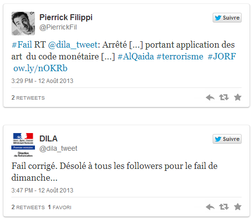Le community manager de la DILA présente ses excuses Retweet de la part d'un twittos à propos de la bourde du CM de la DILA